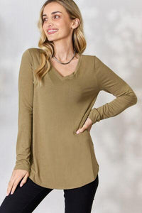 Zenana Full Size V - Neck Long Sleeve T - Shirt - Happily Ever Atchison Shop Co.