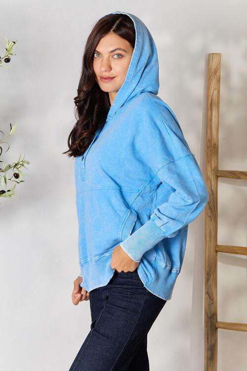 Zenana Half Snap Long Sleeve Hoodie with Pockets - Happily Ever Atchison Shop Co.