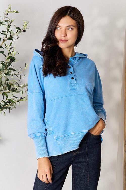 Zenana Half Snap Long Sleeve Hoodie with Pockets - Happily Ever Atchison Shop Co.