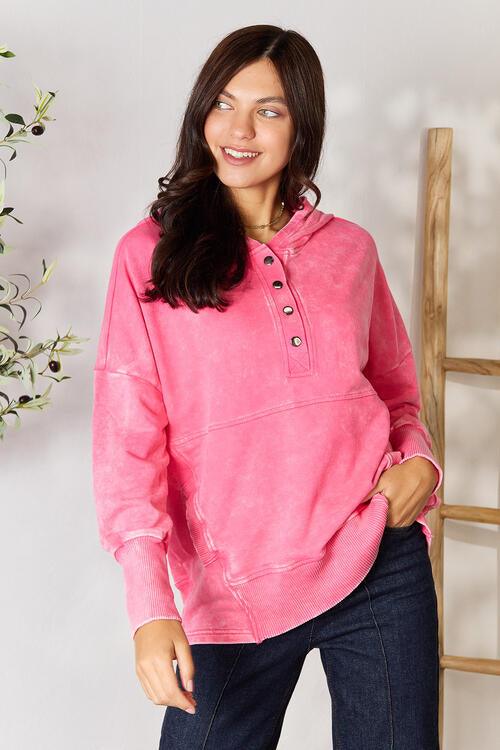 Zenana Half Snap Long Sleeve Hoodie with Pockets - Happily Ever Atchison Shop Co.