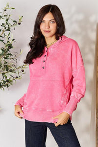 Zenana Half Snap Long Sleeve Hoodie with Pockets - Happily Ever Atchison Shop Co.