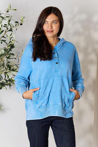 Zenana Half Snap Long Sleeve Hoodie with Pockets - Happily Ever Atchison Shop Co.