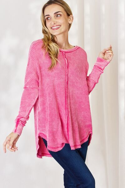 Zenana Oversized Washed Waffle Long Sleeve Top - Happily Ever Atchison Shop Co.