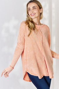 Zenana Oversized Washed Waffle Long Sleeve Top - Happily Ever Atchison Shop Co.