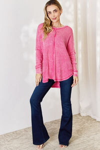 Zenana Oversized Washed Waffle Long Sleeve Top - Happily Ever Atchison Shop Co.