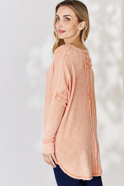 Zenana Oversized Washed Waffle Long Sleeve Top - Happily Ever Atchison Shop Co.