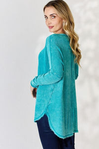 Zenana Oversized Washed Waffle Long Sleeve Top - Happily Ever Atchison Shop Co.