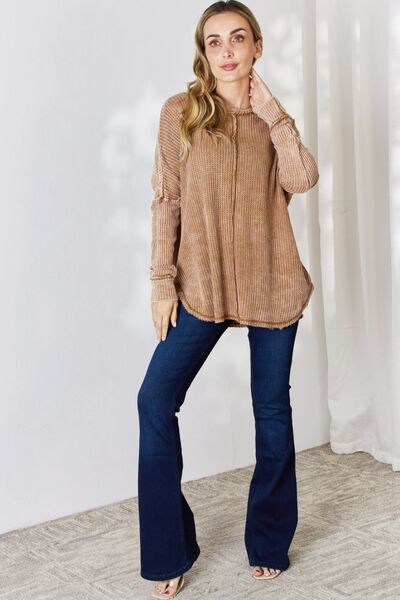 Zenana Oversized Washed Waffle Long Sleeve Top - Happily Ever Atchison Shop Co.