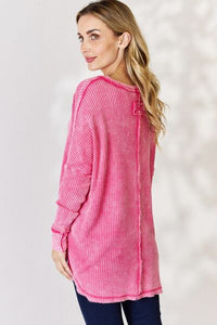 Zenana Oversized Washed Waffle Long Sleeve Top - Happily Ever Atchison Shop Co.