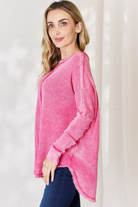 Zenana Oversized Washed Waffle Long Sleeve Top - Happily Ever Atchison Shop Co.