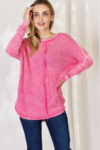 Zenana Oversized Washed Waffle Long Sleeve Top - Happily Ever Atchison Shop Co.