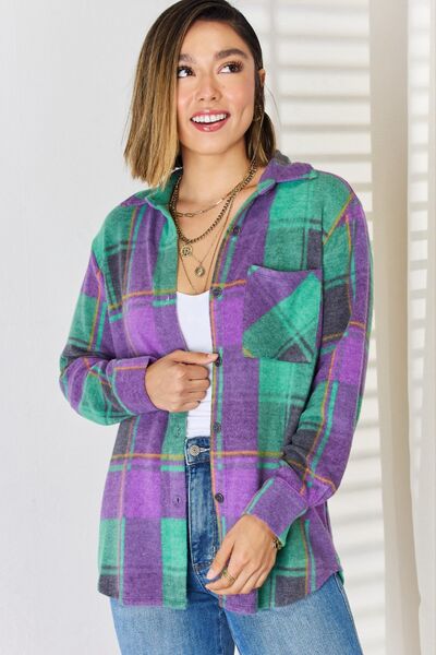 Zenana Plaid Button Up Long Sleeve Shacket - Happily Ever Atchison Shop Co.