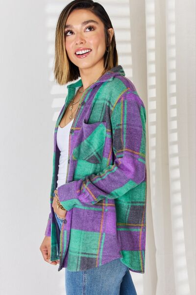 Zenana Plaid Button Up Long Sleeve Shacket - Happily Ever Atchison Shop Co.