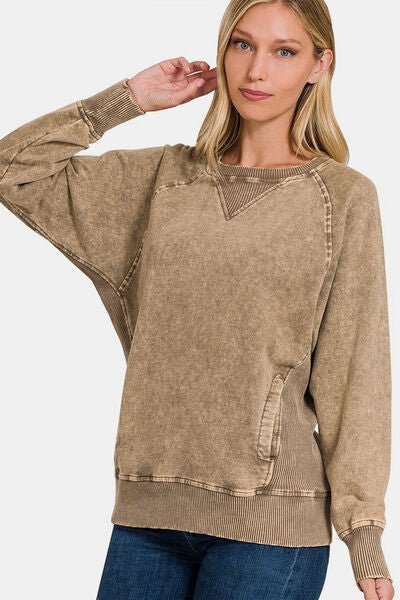 Zenana Pocketed Round Neck Sweatshirt - Happily Ever Atchison Shop Co.