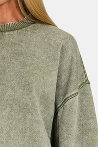 Zenana Round Neck Dropped Shoulder Lantern Sleeve Sweatshirt - Happily Ever Atchison Shop Co.