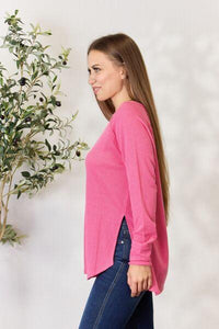 Zenana Round Neck Long Sleeve Slit Top - Happily Ever Atchison Shop Co.