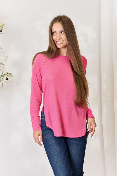 Zenana Round Neck Long Sleeve Slit Top - Happily Ever Atchison Shop Co.