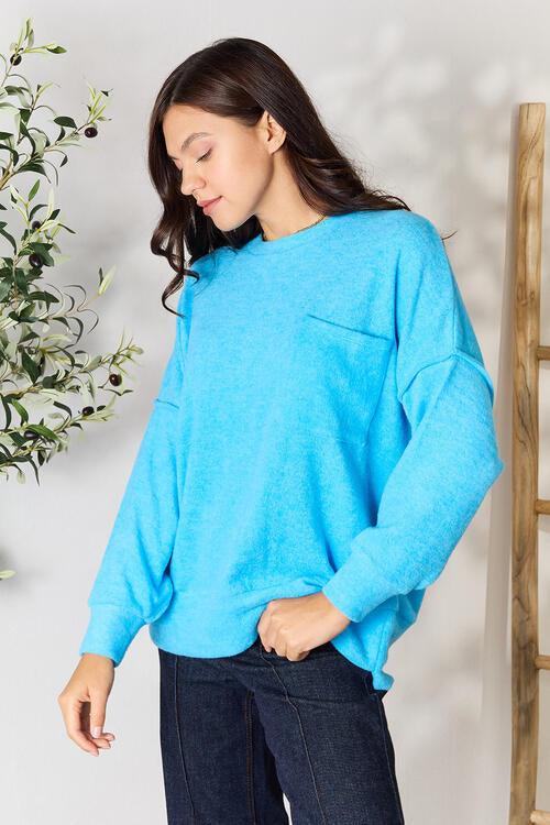 Zenana Round Neck Long Sleeve Sweater with Pocket - Happily Ever Atchison Shop Co.