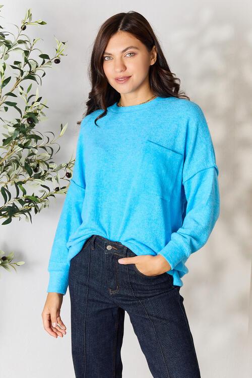 Zenana Round Neck Long Sleeve Sweater with Pocket - Happily Ever Atchison Shop Co.