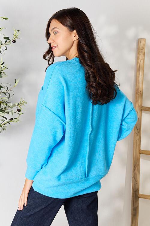 Zenana Round Neck Long Sleeve Sweater with Pocket - Happily Ever Atchison Shop Co.