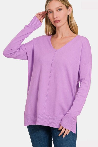 Zenana Slit V - Neck Dropped Shoulder Sweater - Happily Ever Atchison Shop Co.