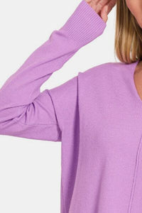 Zenana Slit V - Neck Dropped Shoulder Sweater - Happily Ever Atchison Shop Co.