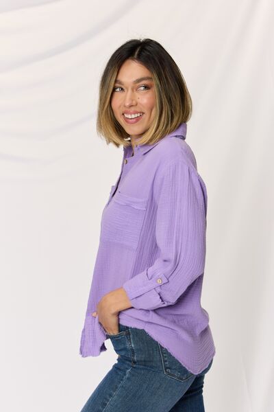 Zenana Texture Button Up Raw Hem Long Sleeve Shirt - Happily Ever Atchison Shop Co.