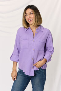 Zenana Texture Button Up Raw Hem Long Sleeve Shirt - Happily Ever Atchison Shop Co.