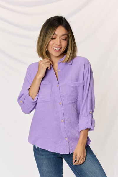 Zenana Texture Button Up Raw Hem Long Sleeve Shirt - Happily Ever Atchison Shop Co.