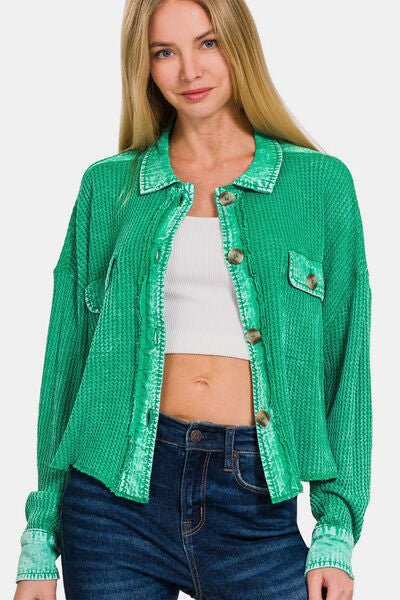 Zenana Waffle - Knit Button Up Dropped Shoulder Jacket - Happily Ever Atchison Shop Co.