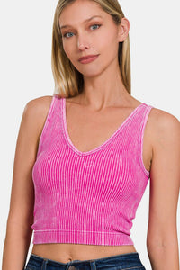 Zenana Washed Ribbed Cropped Bra Padded Tank - Happily Ever Atchison Shop Co.