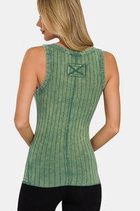 Zenana Washed Ribbed Half Snap Henry Tank - Happily Ever Atchison Shop Co.