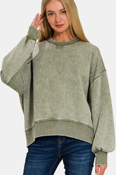 Zenana Round Neck Dropped Shoulder Lantern Sleeve Sweatshirt - Happily Ever Atchison Shop Co.  