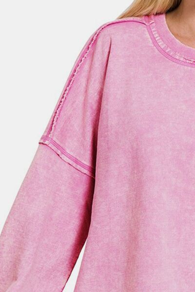 Zenana Exposed Seam Round Neck Dropped Shoulder Sweatshirt - Happily Ever Atchison Shop Co.  