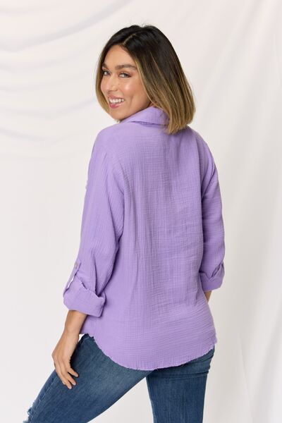 Zenana Texture Button Up Raw Hem Long Sleeve Shirt - Happily Ever Atchison Shop Co.  