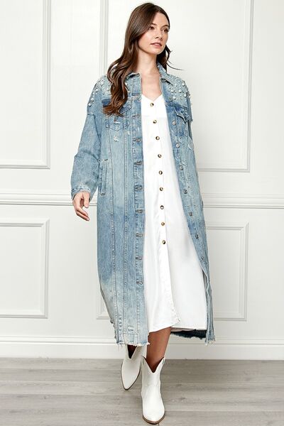 Veveret Full Size Distressed Raw Hem Pearl Detail Button Up Jacket - Happily Ever Atchison Shop Co.  