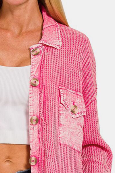 Zenana Waffle-Knit Button Up Dropped Shoulder Jacket - Happily Ever Atchison Shop Co.  