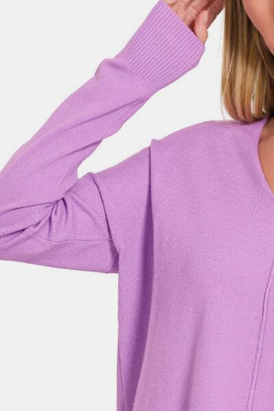 Zenana Slit V-Neck Dropped Shoulder Sweater - Happily Ever Atchison Shop Co.  