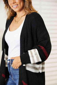 Double Take Striped Rib-Knit Drop Shoulder Open Front Cardigan - Happily Ever Atchison Shop Co. 