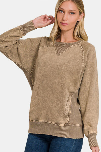 Zenana Pocketed Round Neck Sweatshirt - Happily Ever Atchison Shop Co.  